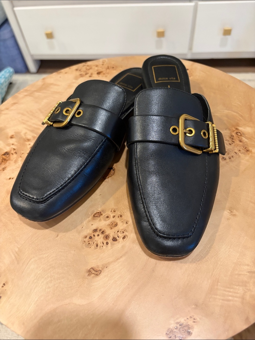 Dolce Vita Black Leather Slip-On Loafers with Gold Buckle